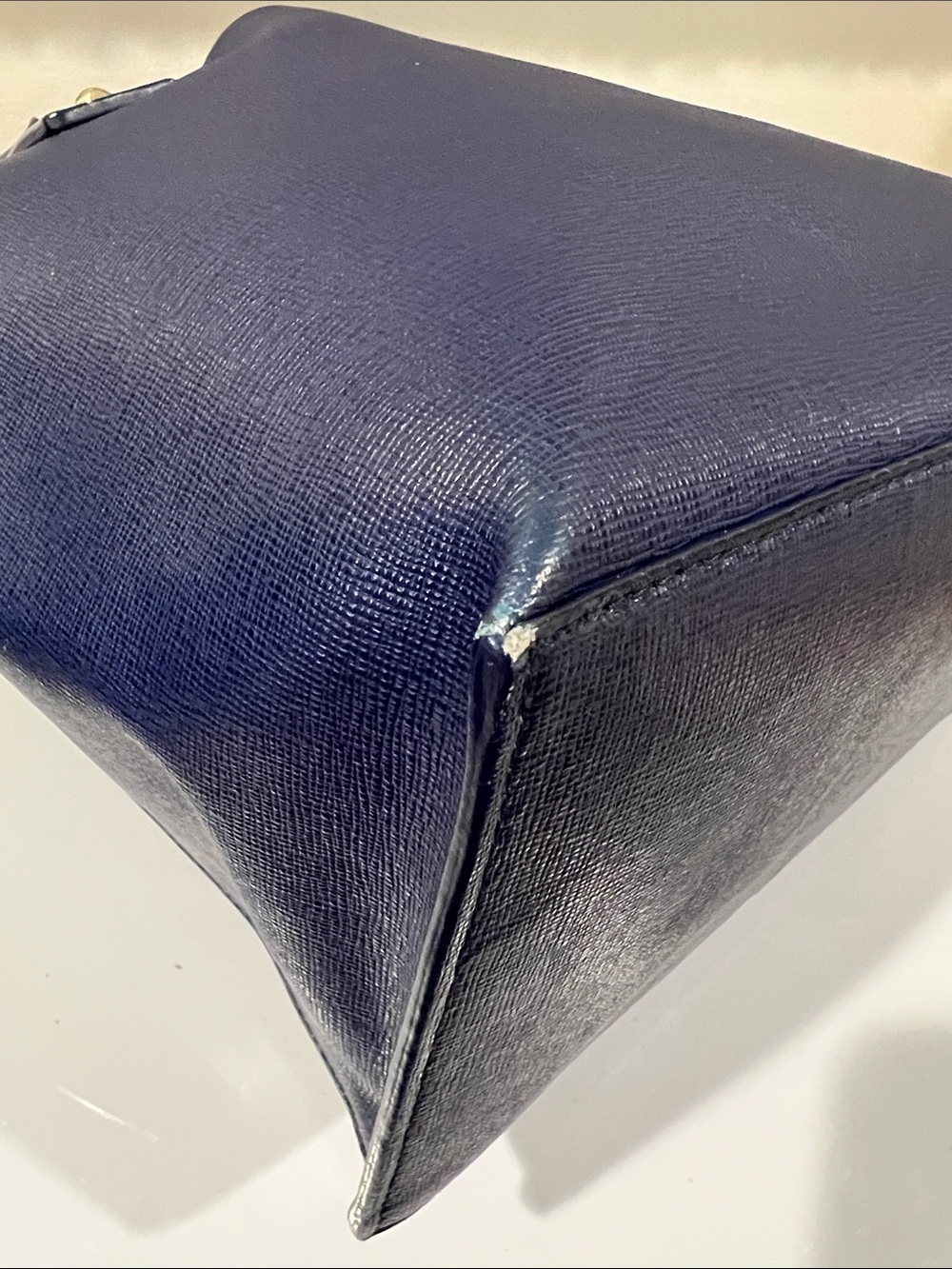 Furla Navy Structured Leather Satchel Tote - edge coat wear - Picture 11 of 14